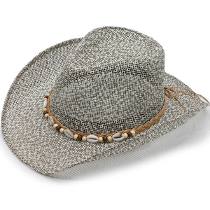 Unisex straw cowboy hat with shell and wooden bead band for summer beach sun protection