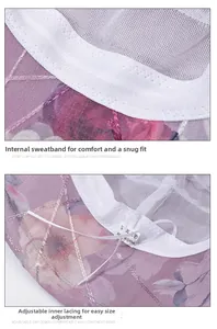 Détail du chapeau de soleil floral avec doublure en maille respirante et cordon de réglage