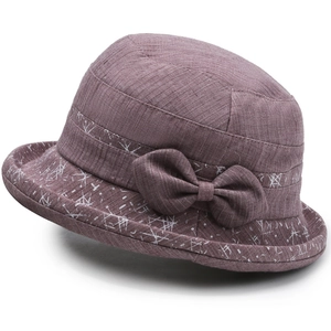 Chapeau cloche violet élégant pour femmes avec motifs imprimés et nœud décoratif latéral