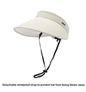 Detail of the adjustable and detachable black windproof chin strap on the beige sun visor