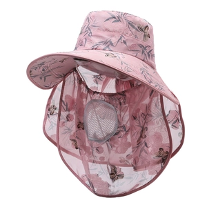 Chapeau de soleil rose à fleurs avec large bord et protection intégrale visage et cou