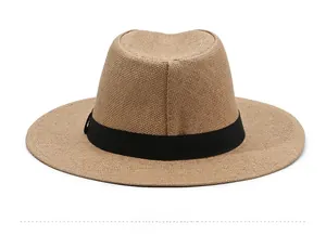 Rear view of a khaki straw fedora hat featuring a classic woven texture and black band