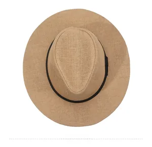Top down view of natural khaki straw fedora hat featuring a classic black grosgrain ribbon band