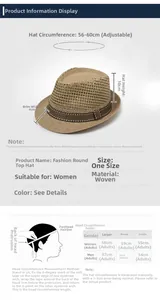Guide des tailles pour chapeau de paille montrant le tour de tête ajustable de 56-60cm