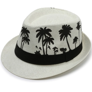 Mens beige straw fedora hat with black palm tree patterns and decorative band for summer