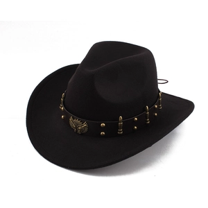 Detail of black wool fedora with brown leather band and eagle wing brass emblem