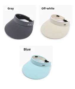 Detailed comparison of knitted sun visors in grey, beige, and blue with wide brims