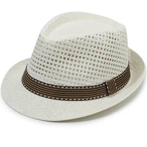 Chapeau de paille beige pour homme avec couronne en maille respirante et ruban rayé