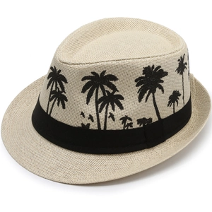Men's summer straw fedora hat with black palm tree embroidery and decorative band