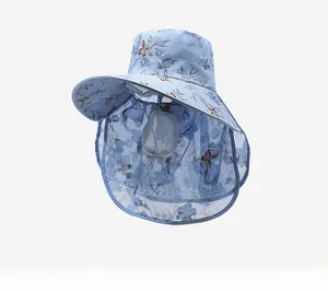 Détail chapeau soleil bleu clair fleuri avec protection visage respirante et couvre-nuque