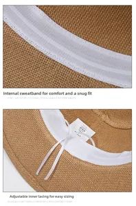 Detail of adjustable inner sweatband and size drawstrings on brown straw cowboy sun hat