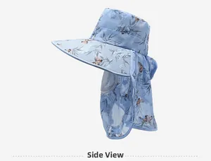 Vue détaillée du chapeau solaire à motifs floraux avec filet respirant et protège-nuque
