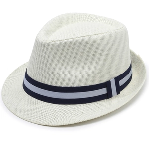 Close-up of a cream woven fedora hat with a navy and gray striped decorative ribbon band
