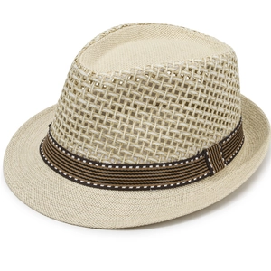 Chapeau de paille respirant pour hommes avec tissage en maille et ruban rayé beige