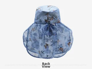 Vue arrière du chapeau de soleil bleu clair avec protège-nuque et motif papillon
