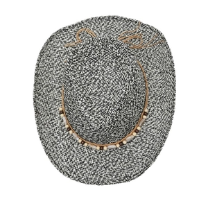 Summer woven straw cowboy hat with wide brim, bicolored pattern and beaded decoration