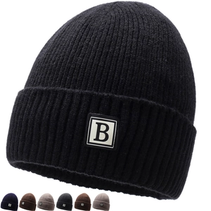 Men Winter Warm Beanie Hat With Letter B Patch Fleece Lined Ribbed Knit Cuffed Skull Cap For Outdoor Skiing Sports Polyester Headwear