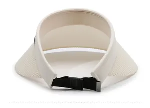 Detail of adjustable black elastic strap and buckle on beige woven visor sun hat