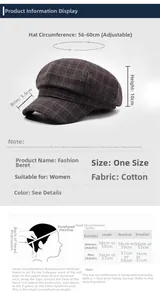 Detailed size guide for plaid beret hat with adjustable 56-60cm circumference and measurements