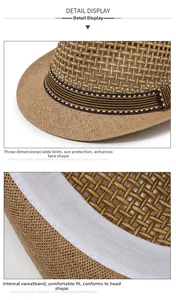 Détail d'un chapeau de paille avec ruban rayé et bande de transpiration pour le confort