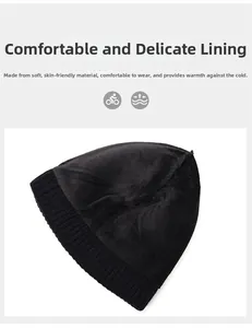 Detail of warm black knitted beanie featuring soft fleece lining for cold weather