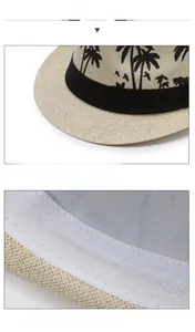 Detail of beach fedora showing straw texture, coconut print and inner sweatband
