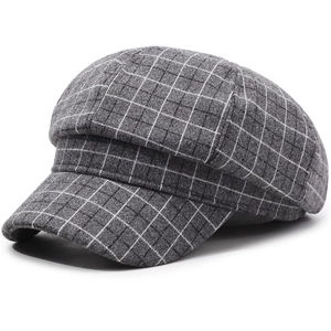 Vintage grey plaid wool baker boy hat with classic octagonal paneled design for women