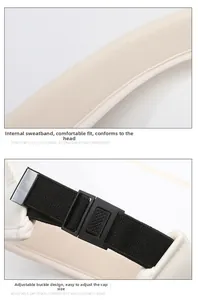Detail of moisture-wicking sweatband and adjustable back buckle on beige sun visor hat
