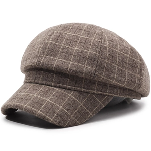Vintage brown plaid newsboy cap for women in soft wool blend with classic octagonal shape