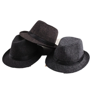 Men's plaid wool fedora hats in coffee, brown, and grey with black satin ribbon bands