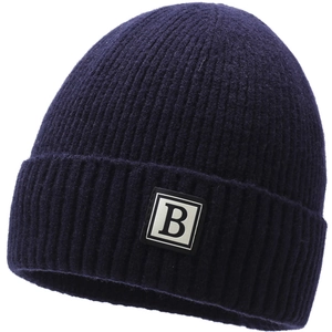 Detail of navy knit beanie showing thick ribbed texture and square leather B letter patch