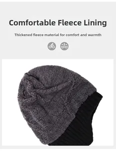 Detail of soft gray fleece lining and thick black knit texture of a men winter beanie