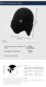 Size guide for men winter knit beanie with ear protection showing measurements and instructions