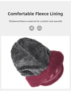 Close-up of the thick grey plush lining inside the warm knit hat for winter warmth