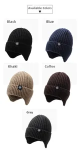 Winter knit beanies with ear flaps in five colors featuring snowflake patch details
