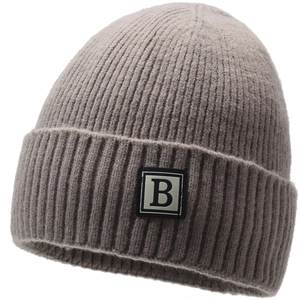 Mens winter ribbed knit beanie with B letter label warm gray brown fleece lined ski hat