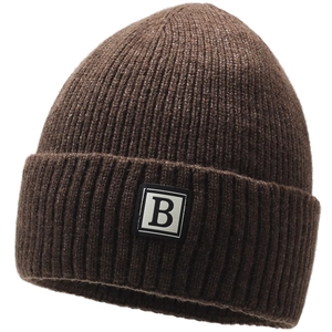 Men's winter knit beanie with warm ribbed texture and stylish B letter patch in brown
