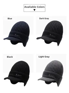 Winter knit visor hats with ear flaps in blue, grey, and black showing sport logo detail