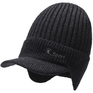 Men's winter knit baseball cap with ear flaps and Sport logo in black finish
