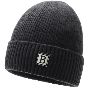 Dark gray knitted winter beanie for men with ribbed texture and letter B patch