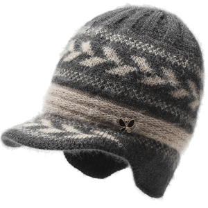Winter women's knit visor hat with warm ear flaps and floral jacquard pattern
