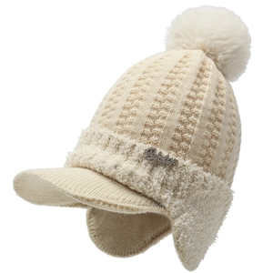 Winter thermal knit beanie with ear flaps and fluffy pom-pom in cream white