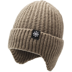 Winter men's brown knit beanie with ear flaps and snowflake patch on white background