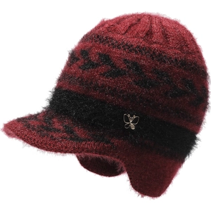 Women's warm winter knitted jacquard bucket hat with ear flaps and metal bow in burgundy