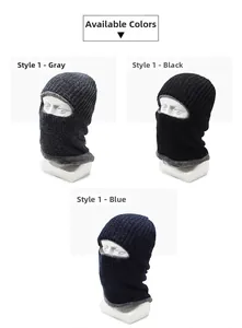 Three colors of knit balaclavas with thick fleece lining for cold weather protection