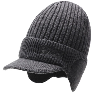 Winter thermal knit beanie hat with ear flaps and visor in dark grey sport style