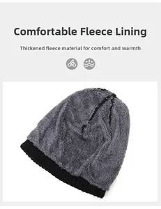 Detail view of the thick fleece lining and ribbed knit texture for winter thermal hats