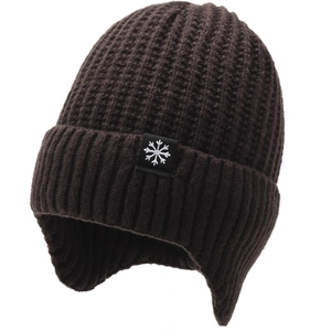 Men's winter knit beanie with ear flaps in dark brown waffle pattern and snowflake tag