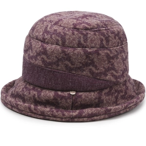 Deep purple jacquard bucket hat for women with warm floral pattern and LOVE metal plaque
