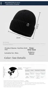 Detailed size chart for knitted beanie with measurement guide and product dimensions